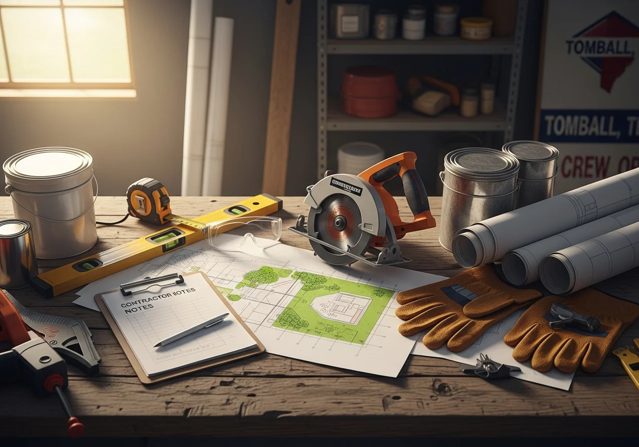 Professional contractor tools and equipment arranged on a work surface, representing home remodeling and landscaping services.