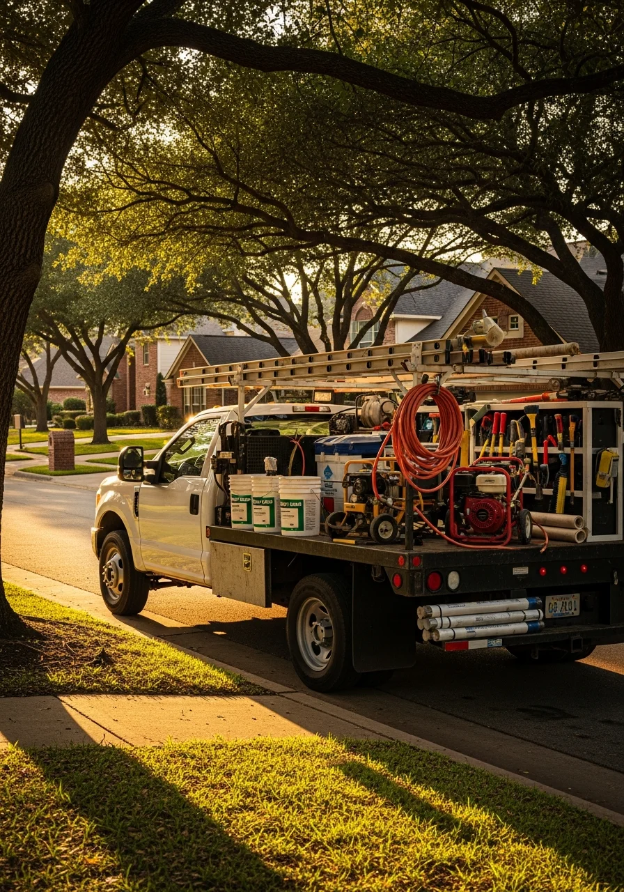 Tomball contractor team standing in front of work truck on residential street.