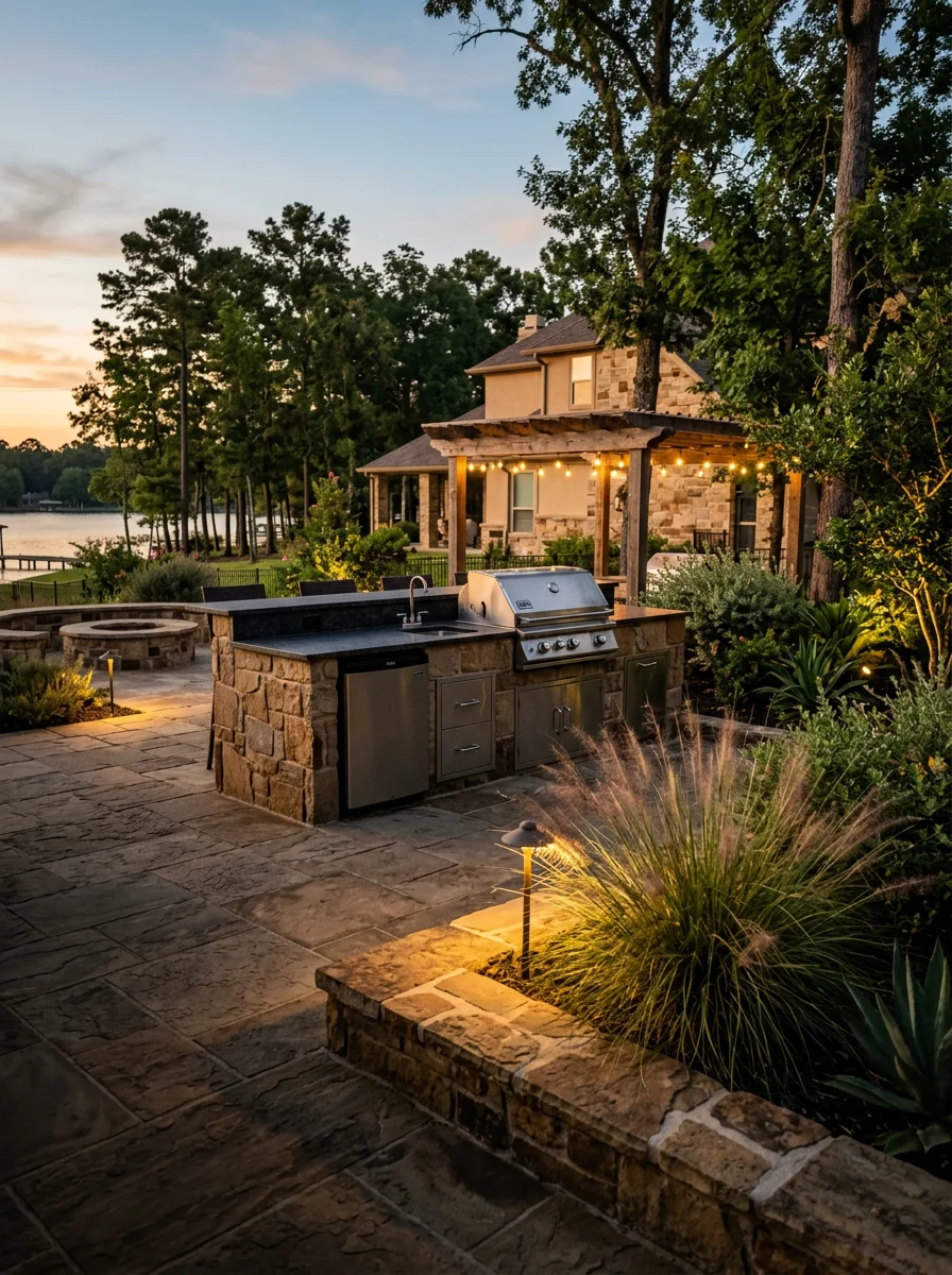 Outdoor kitchen and patio build on a lakefront property near Willis, TX.