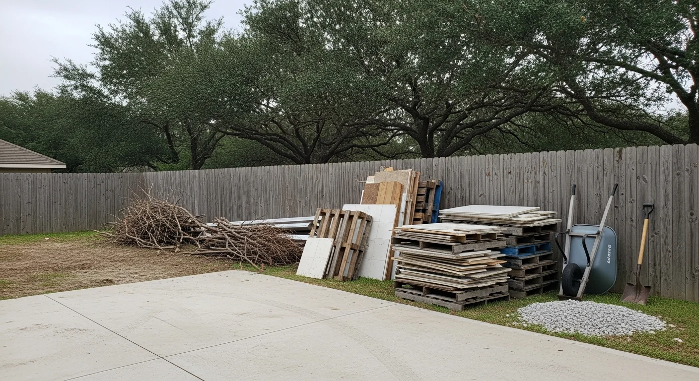 A cleared residential lot in Tomball, TX after debris removal, showing a clean ground surface free of branches, construction scraps, and yard waste. A Forever Seal crew truck is visible in the background near the property edge.