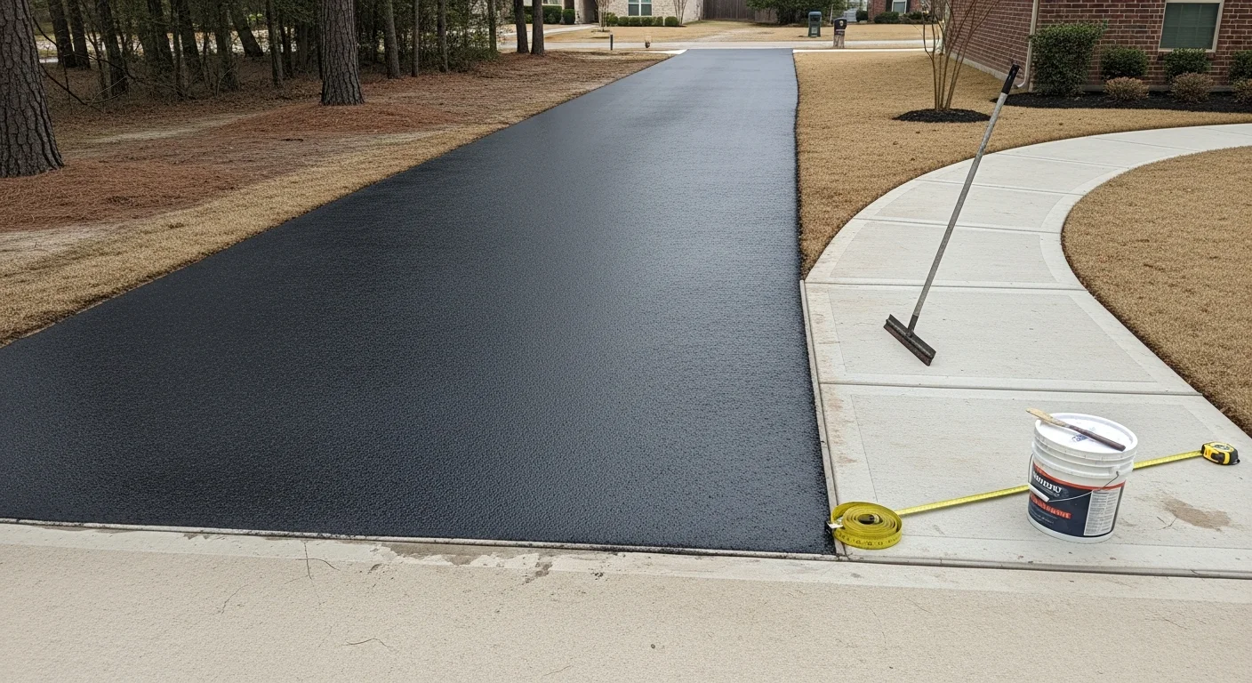 A freshly sealed concrete driveway and connecting front walkway at a residential home in Tomball, Texas. The surface shows clean edges, uniform color, and no visible cracking or water pooling near the foundation.