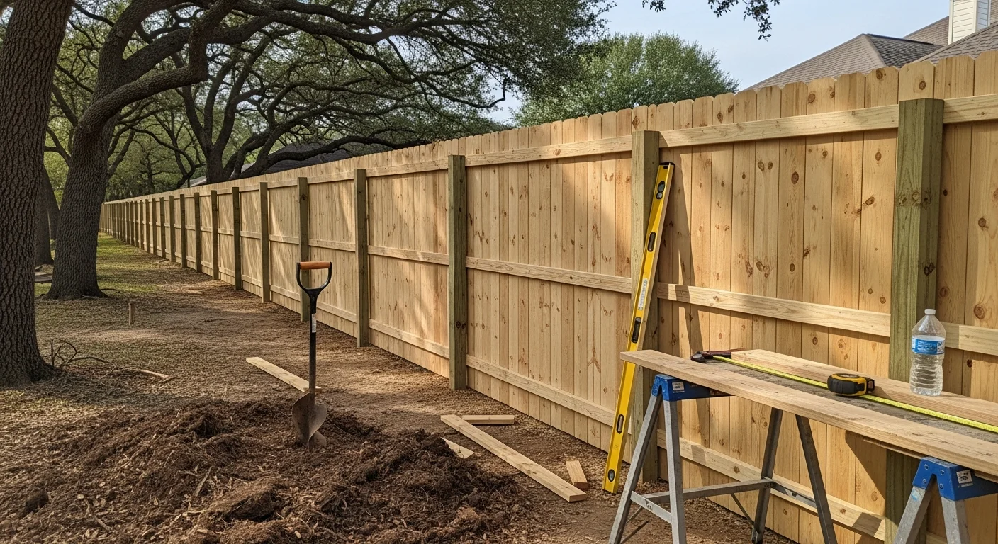 A newly installed wood privacy fence along the backyard perimeter of a residential property in Tomball, TX. The fence features evenly spaced boards and a finished gate, with a suburban neighborhood visible in the background.