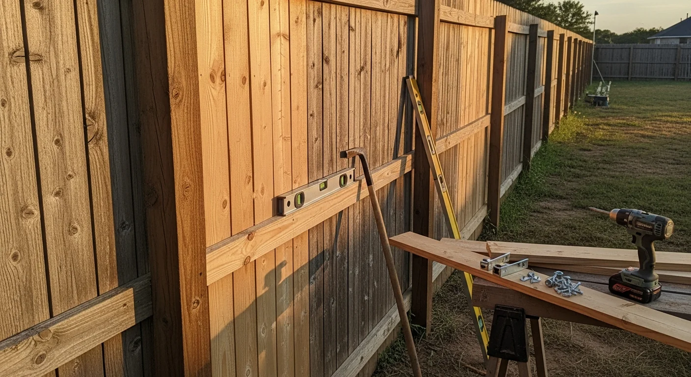A repaired wood privacy fence in a Tomball, TX backyard with straightened posts and replaced pickets. The fence line runs along a residential property with a closed gate visible at the side yard.