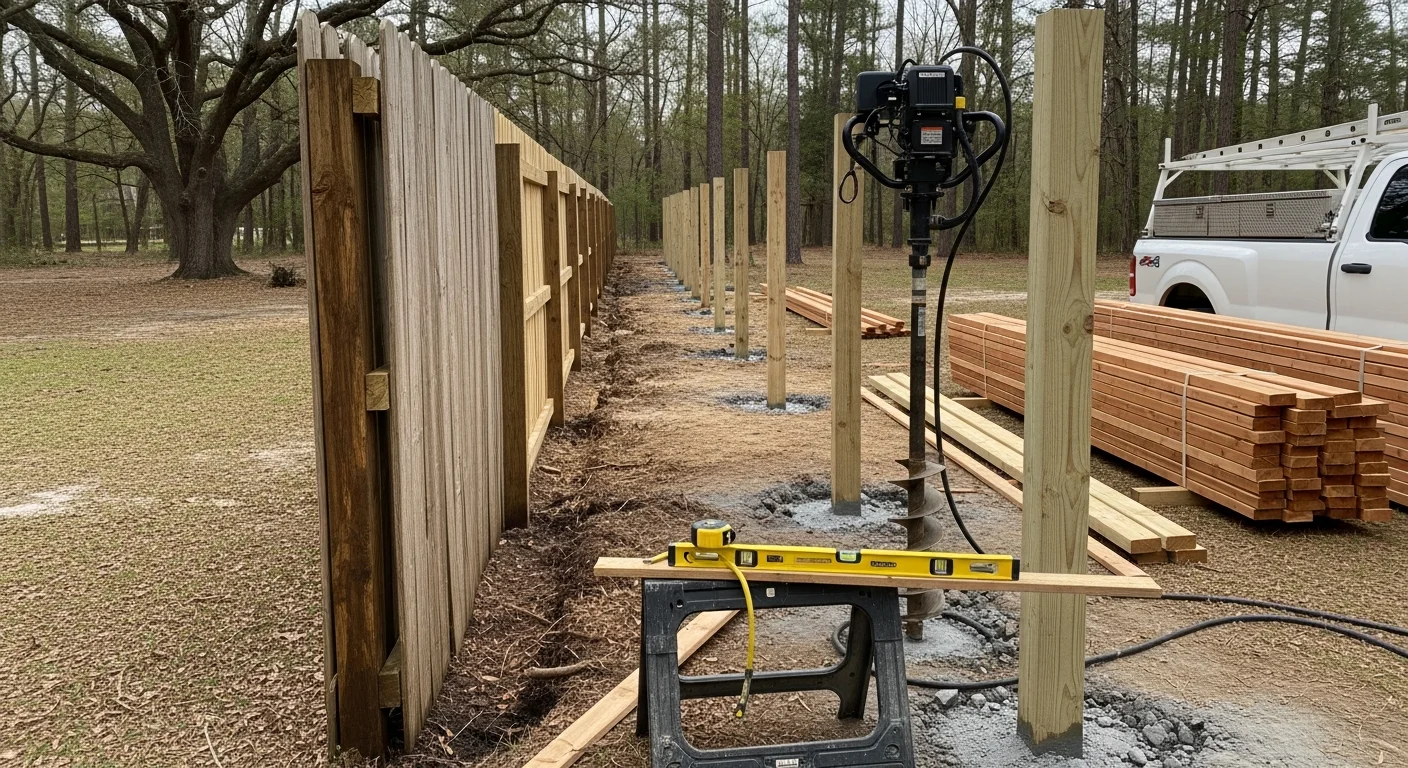A newly installed wood privacy fence in a Tomball, Texas residential backyard, with straight posts set in concrete footings and clean board-on-board panels replacing a previously rotted fence line.