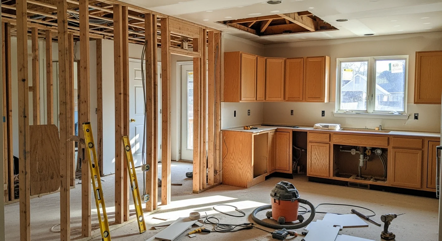 Remodeled open-concept kitchen and living area inside a Tomball, Texas home, showing updated cabinetry, new flooring, and reconfigured layout. General contractor finish work completed by Forever Seal for a residential remodeling project in Tomball.
