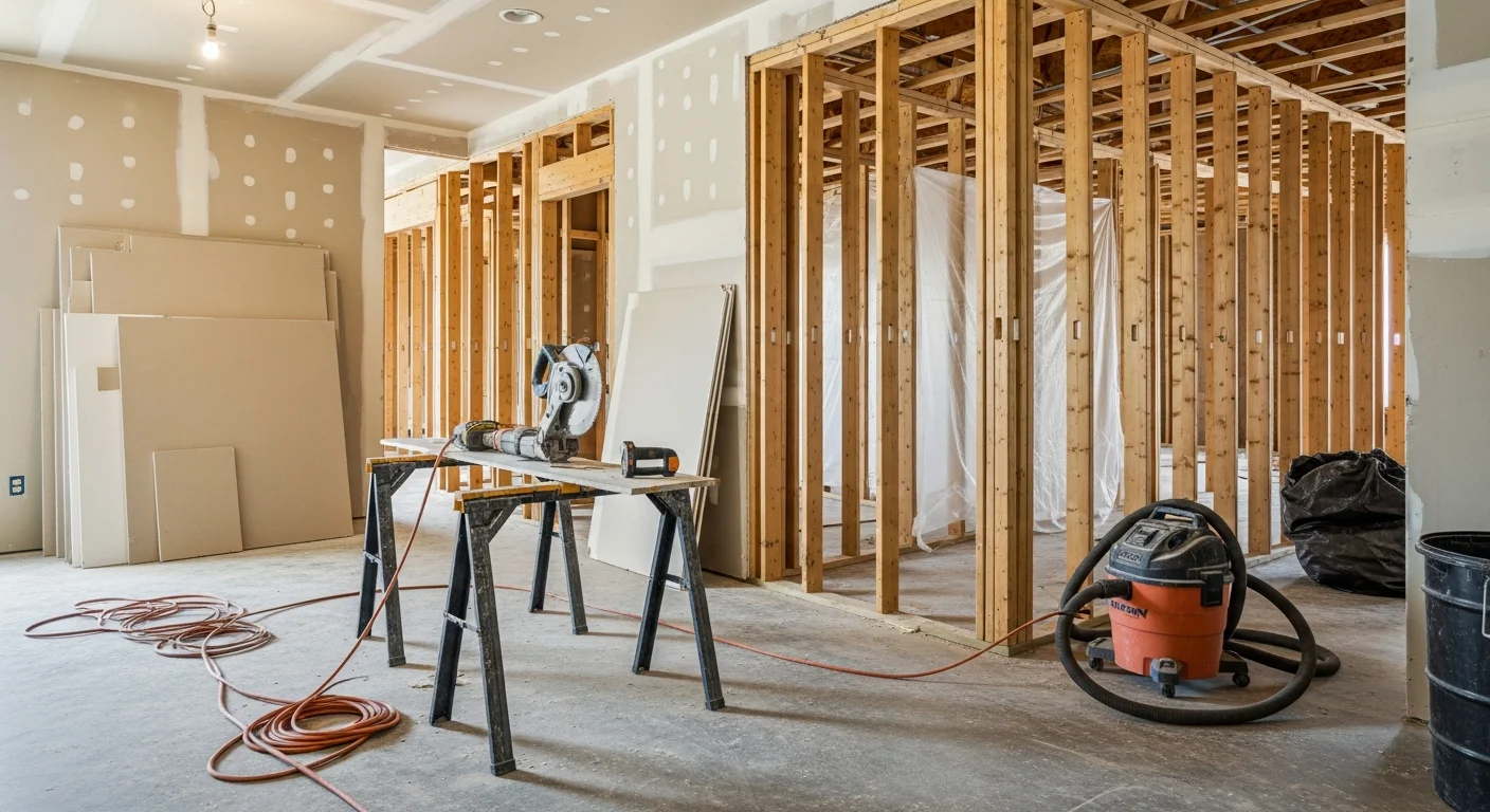 Interior of a Tomball home mid-demolition showing removed drywall, exposed wall studs, and cleared flooring ready for remodeling. A general contractor crew works in a gutted kitchen space with debris staged for removal.