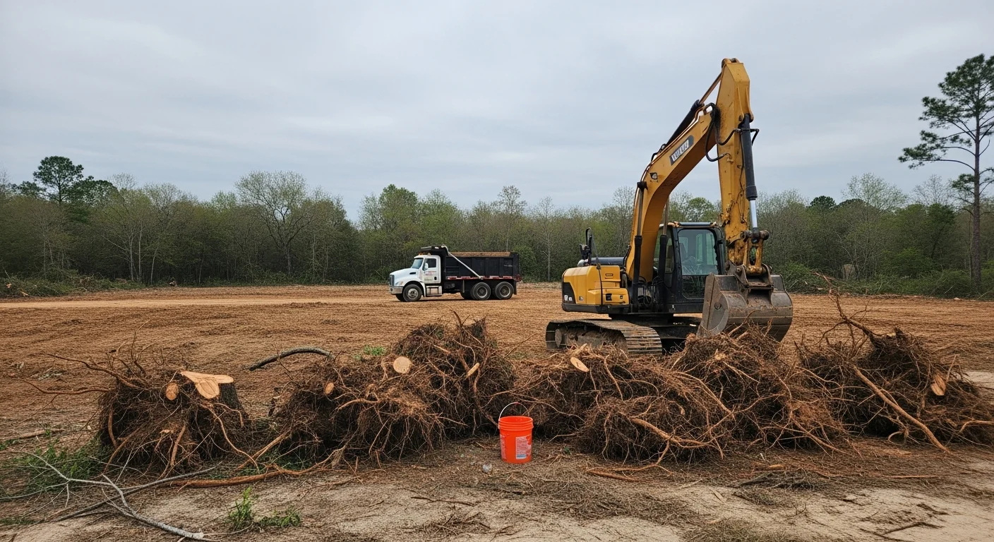 A Tomball, TX residential lot after land clearing, showing open ground with brush, stumps, and debris removed. The cleared site is flat and ready for construction or fencing.