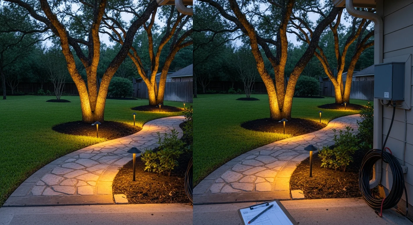 Professionally installed landscape lighting illuminating a Tomball home's front yard pathway, garden beds, and entryway at night. Low-voltage fixtures highlight mature trees and ground-level plantings against a dark Texas sky.