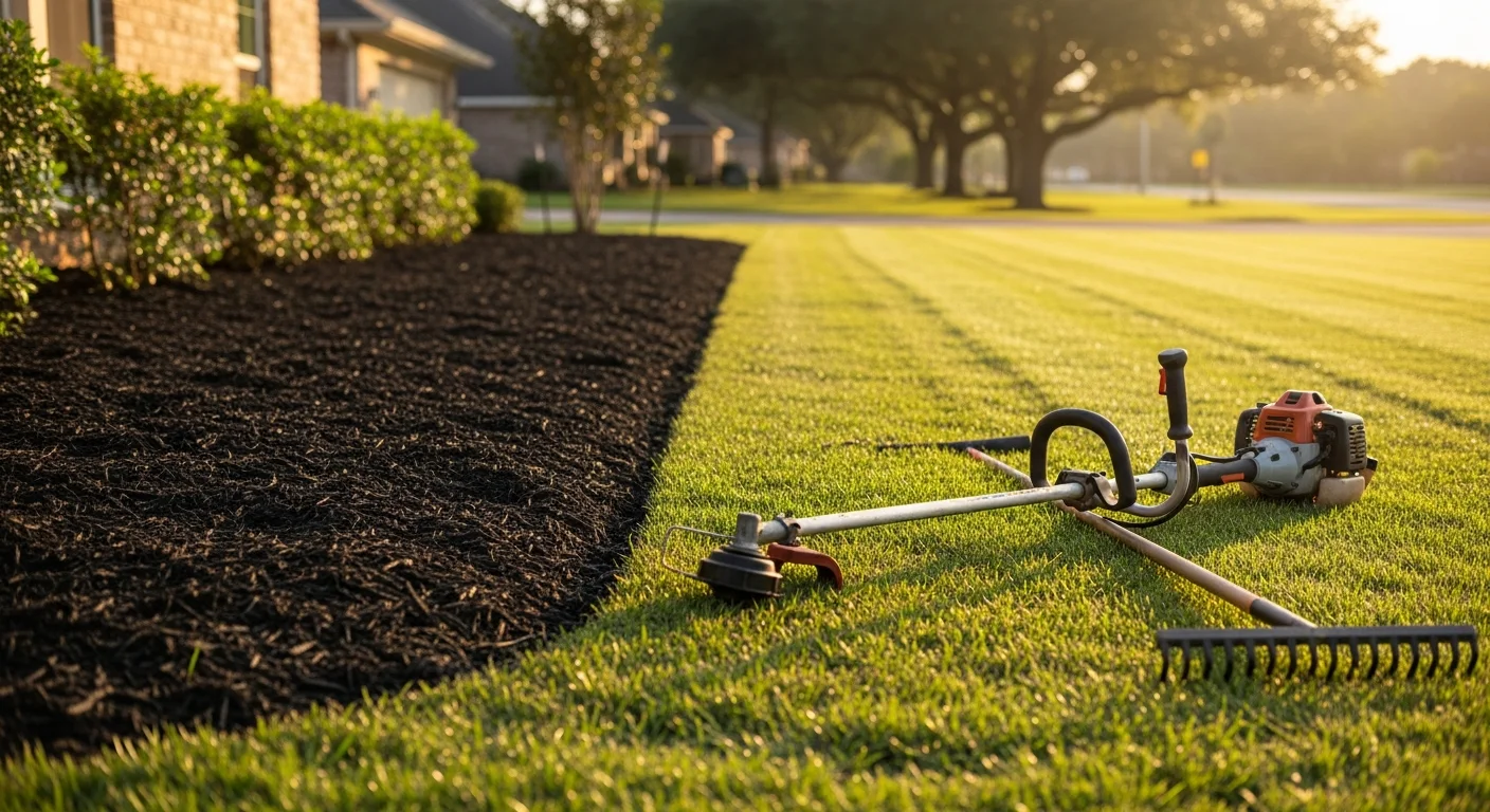 A well-maintained residential lawn in Tomball, TX with cleanly mowed St. Augustine grass, sharp bed edges, and trimmed shrubs along the front of the home. A landscaping crew from Forever Seal completes edging work along a concrete driveway border.