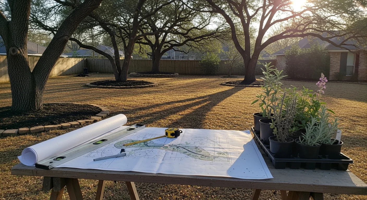 A finished front yard landscaping design on a Tomball, Texas residential property, showing defined planting beds, heat-tolerant shrubs, and clean hardscape edging. The layout reflects a site-specific plan built for the neighborhood's clay soil and HOA standards.