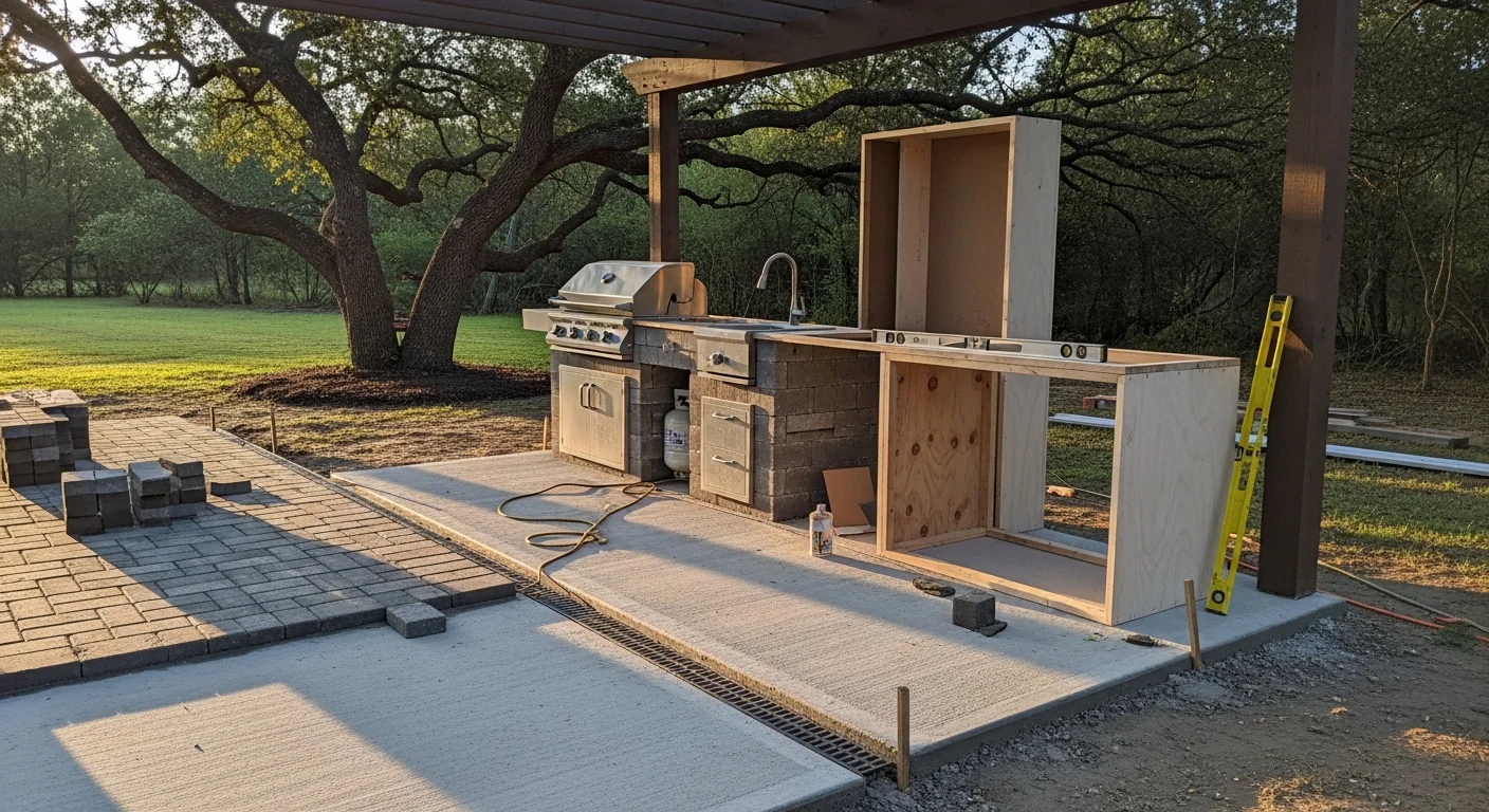 A custom outdoor kitchen built by Forever Seal in a Tomball, Texas backyard, featuring a covered cooking station with a built-in grill, stone countertops, and a prep sink. The structure includes a shade cover and is surrounded by landscaped lawn, designed to handle the area's heat and humidity.